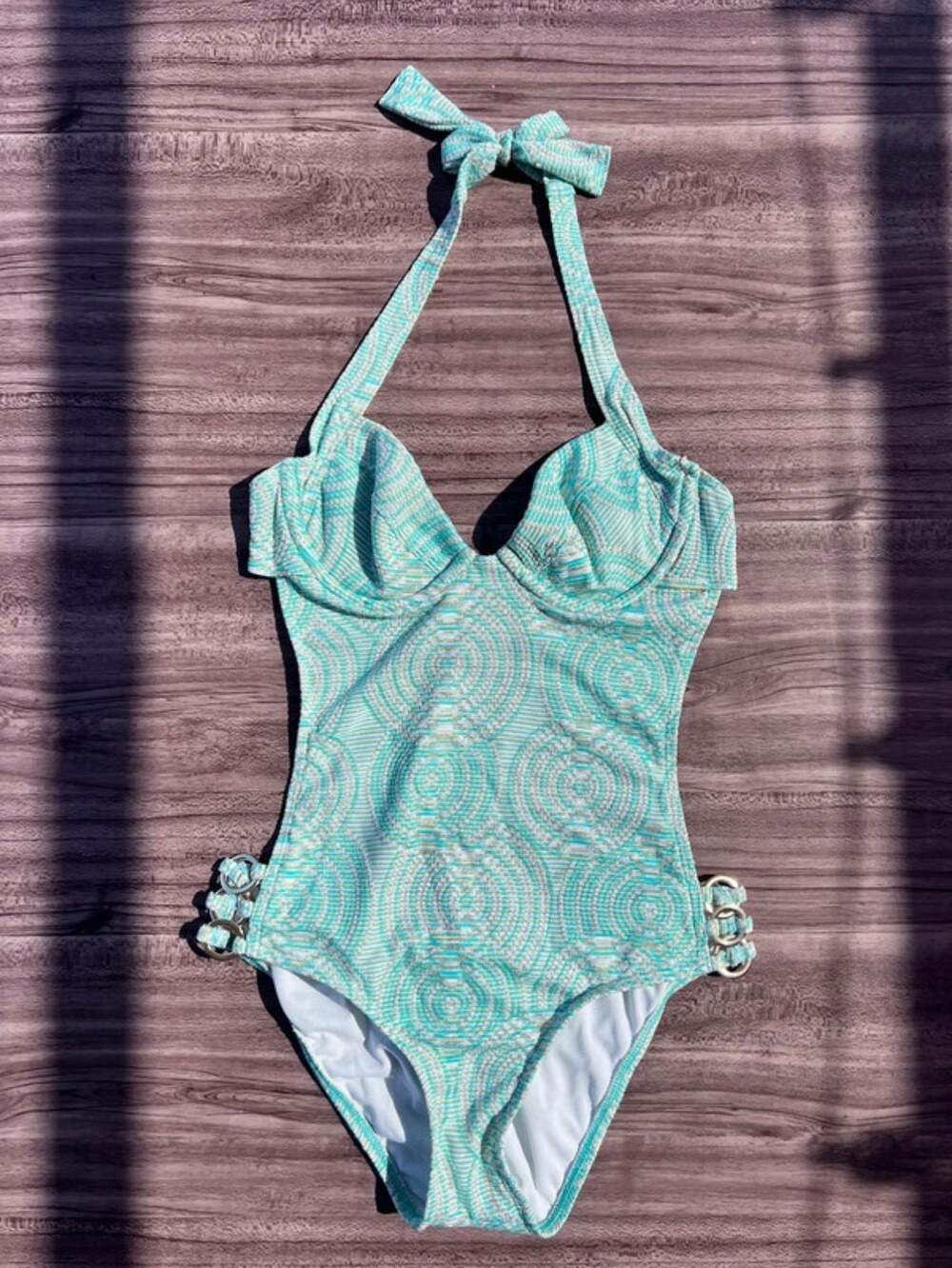 Guess USA Metallic Teal and Gold Circular Pattern Halter Underwire One-Piece Swi
